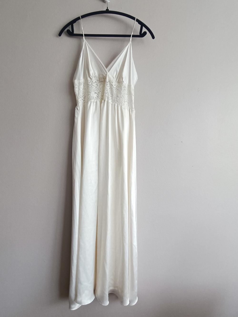 Vtg Linda Lingerie Satin & Stretchy Lace Maxi Slip Dress Cream Ivory - Size L